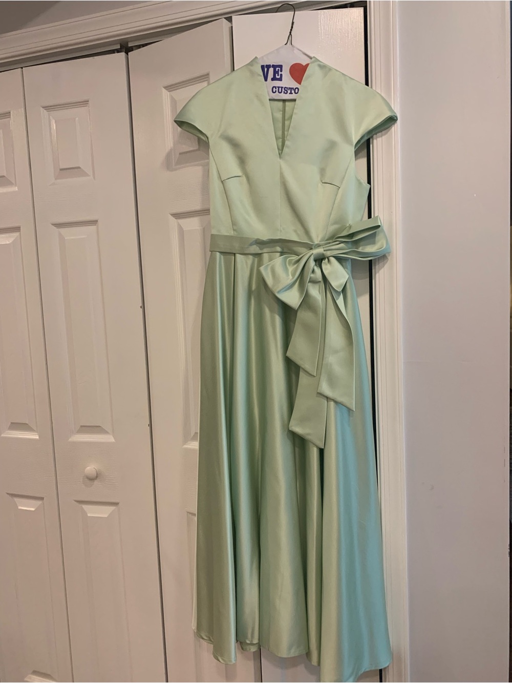 Elegant Mint Green Satin A-Line Dress with Waist Tie